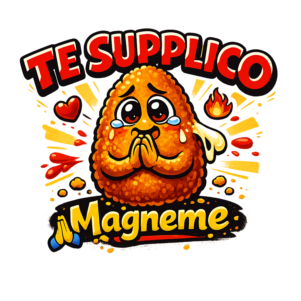 Locandina Te Supplico con mascotte supplì e scritta Magneme